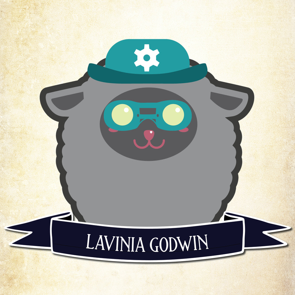 A grey cartoon sheep wearing a teal hat and goggles.