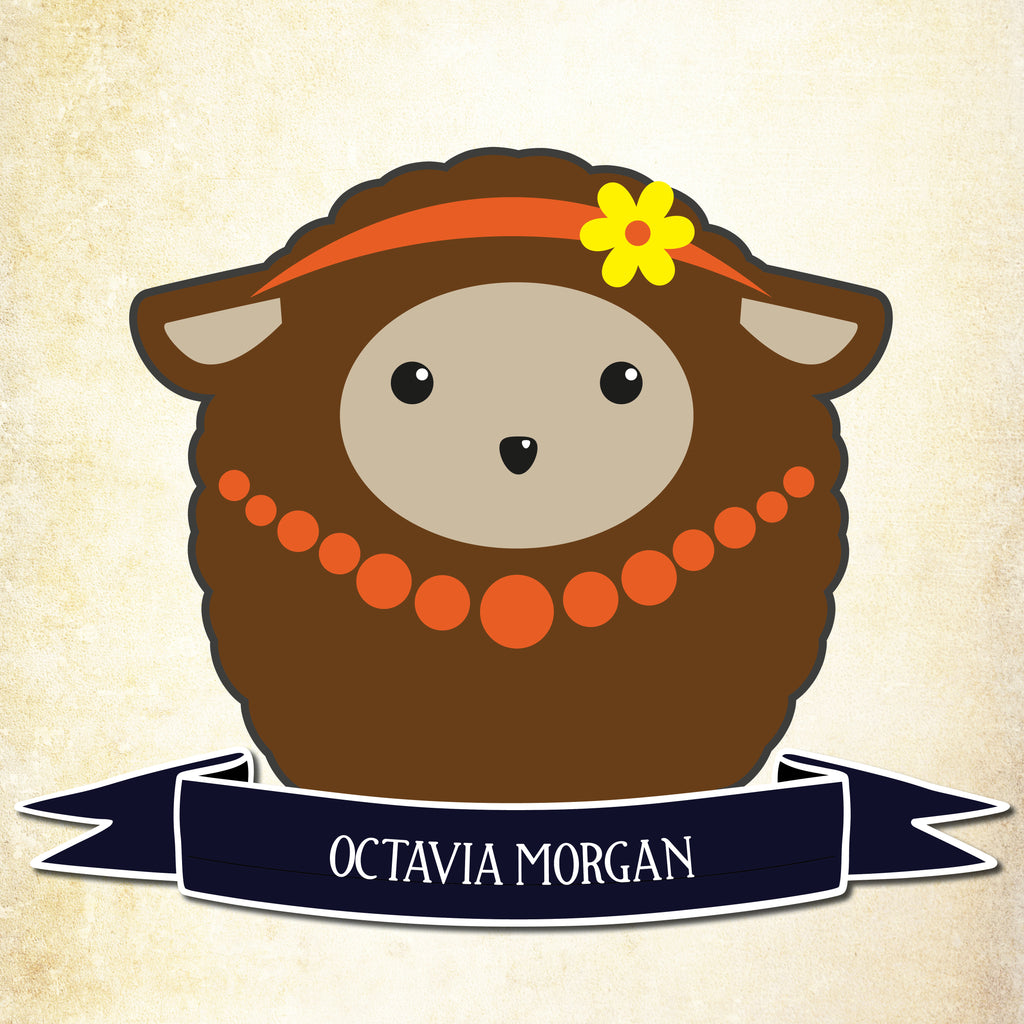 A brown cartoon sheep with an orange pearl necklace and a yellow flower headband