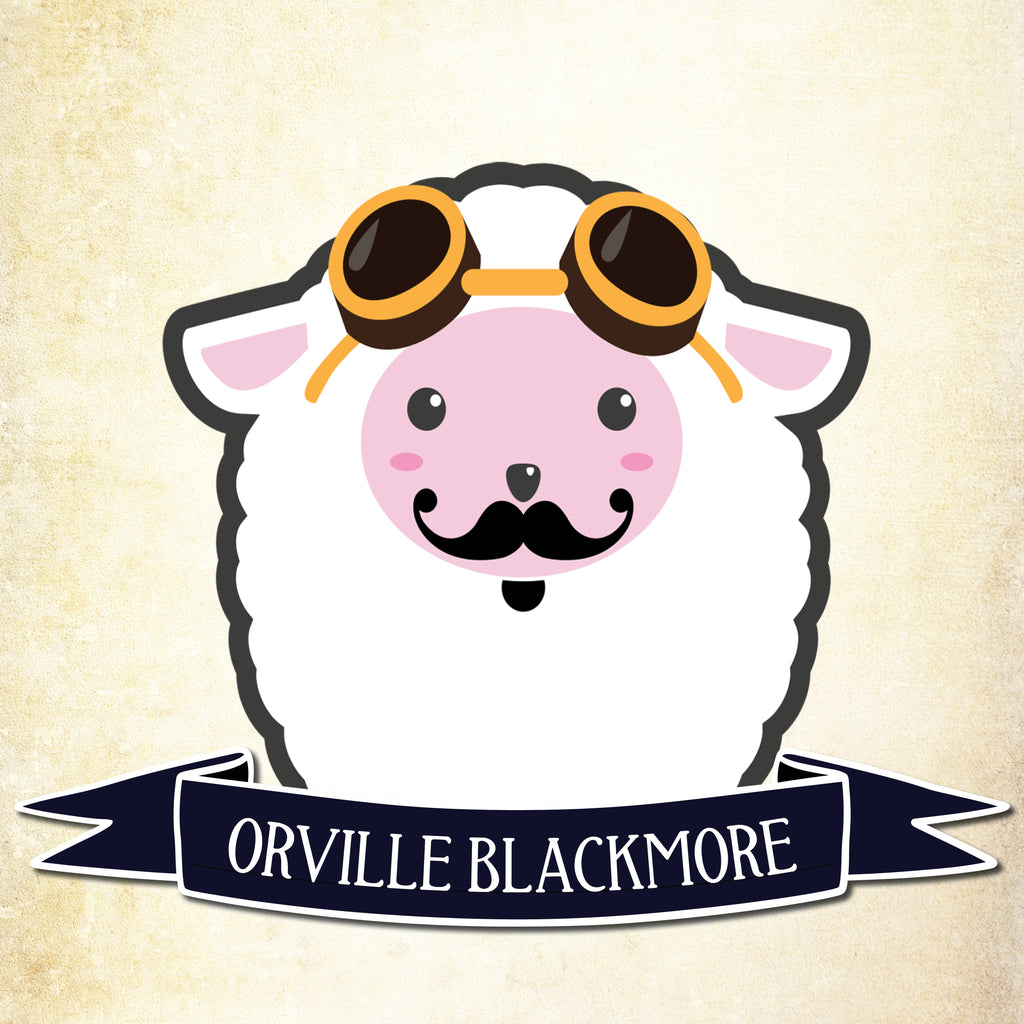 A white cartoon sheep with a black mustache and soul patch, and brass goggles perched on his head.