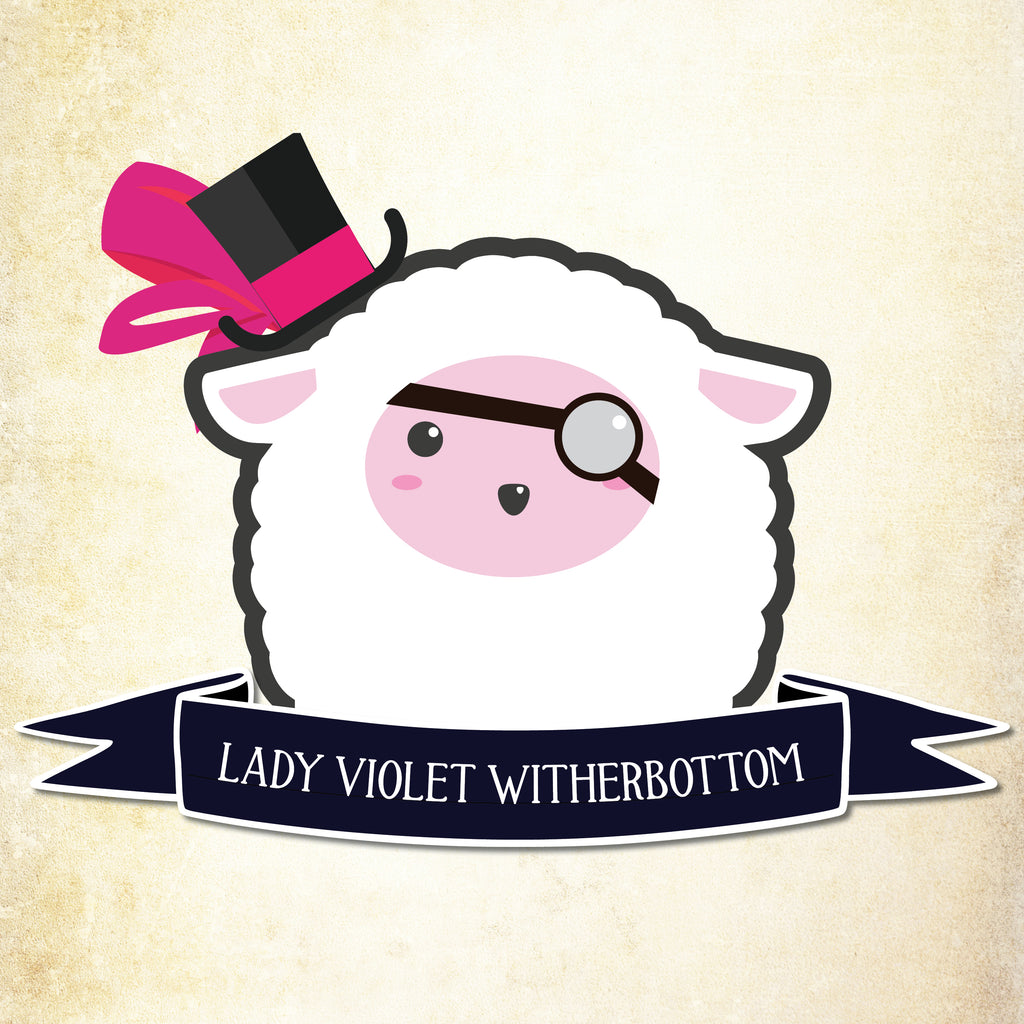 A white sheep cartoon wearing a black tophat with a bright pink bow and a monacle.